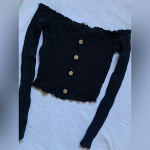 Off Shoulder Long Sleeve Button Up Black Crop Top
